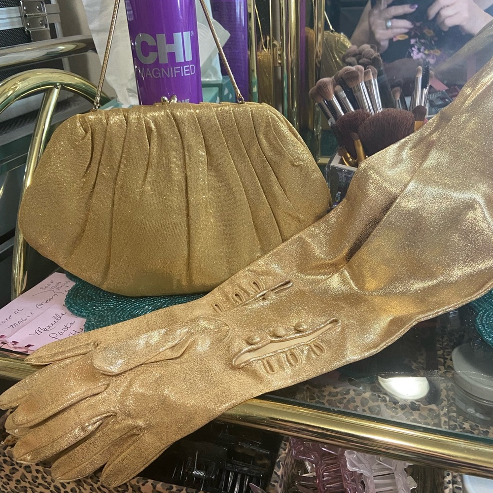 Elegant Gold Evening Clutch Opera  Glove  Set vintage 1930s the gloves brand new